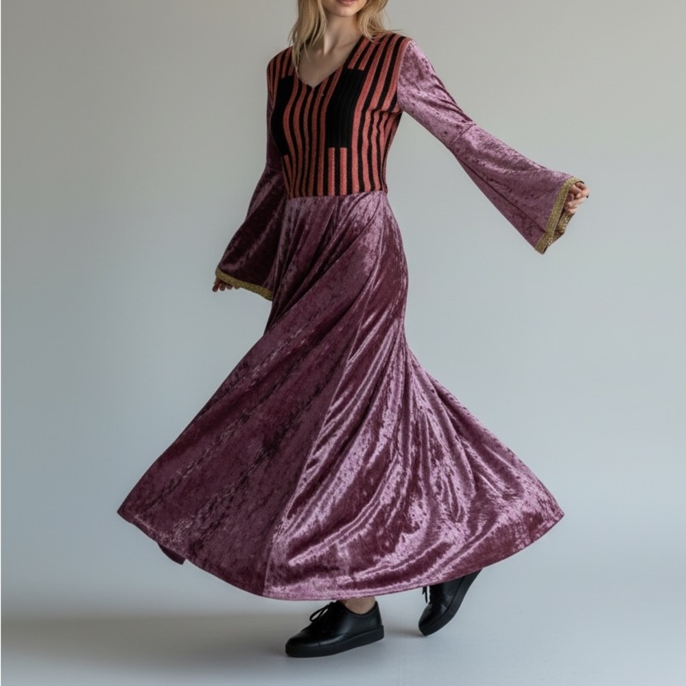 1970s Boho Velvet Maxi in Mauve with Embroidered Top